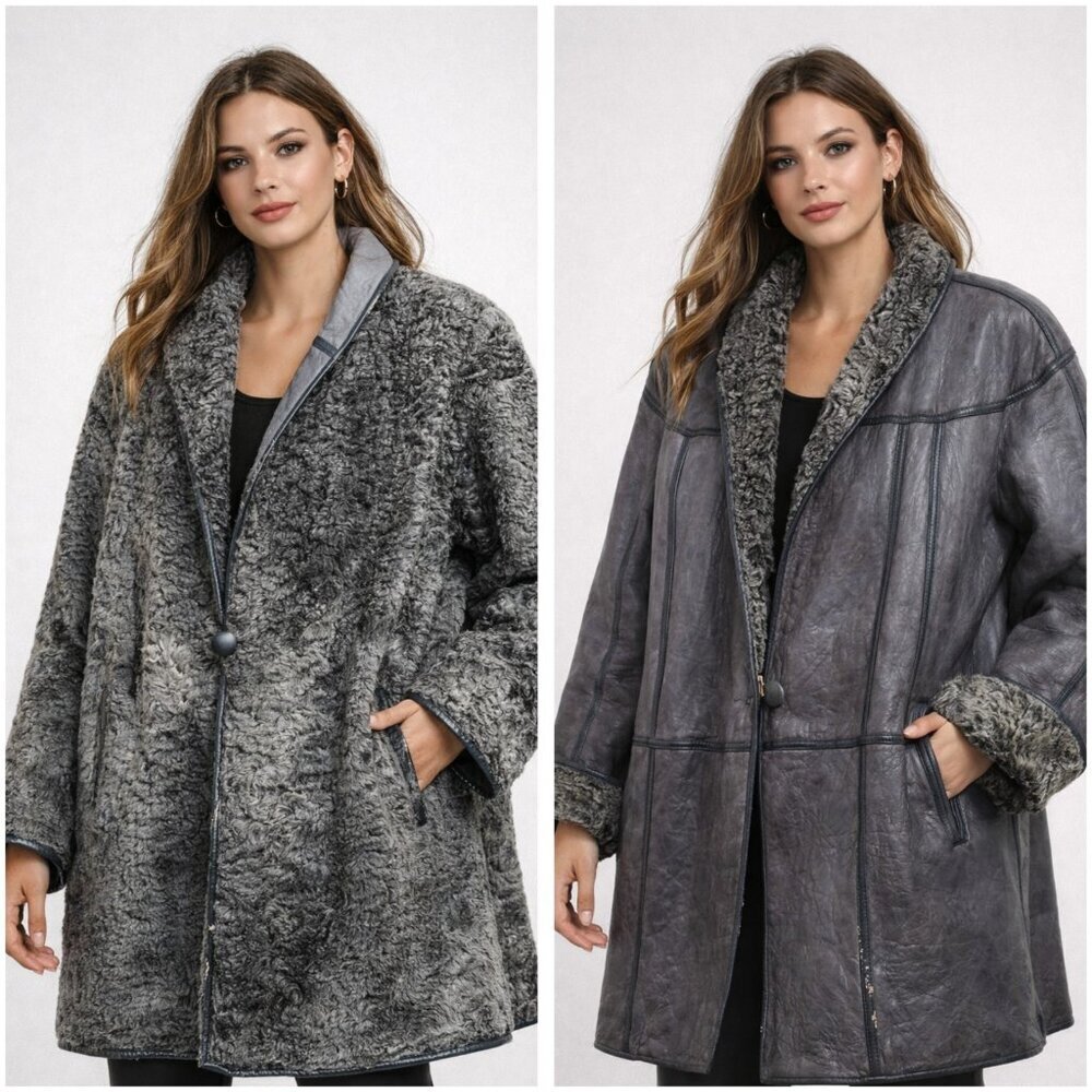 Vintage Karakul Lamb Fur Leather Reversible Coat Womens Persian Lamb Fur Jacket